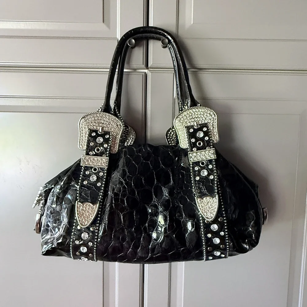 Charm and Luck Y2K Black Rhinestone Buckle Patent Croc Satchel Bag, Medium